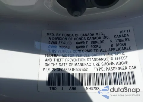 2018 Honda Civic Lx z USA, uszkodzony, nr VIN 2HGFC2F53JH507652